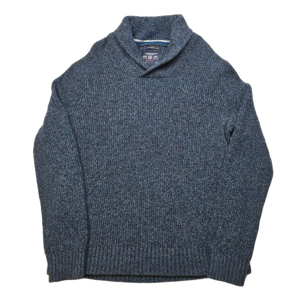 American‎ Eagle Shawl Collar Sweater Mens Large Blue Speckled Athletic Fit